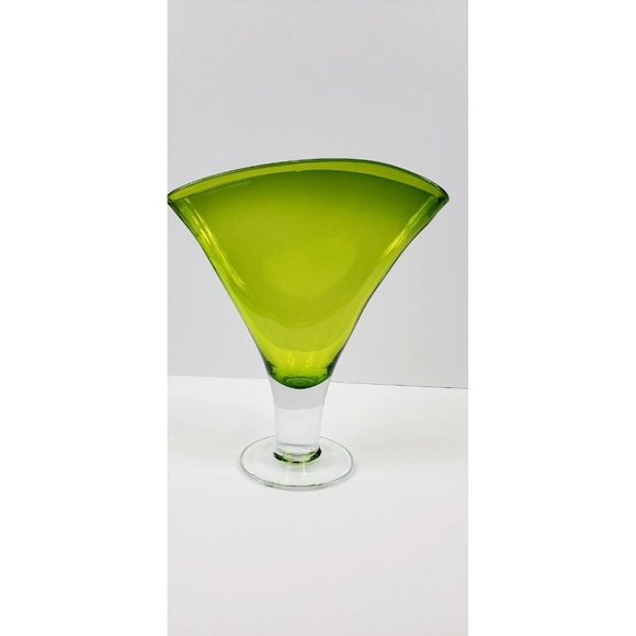 Vintage Blenko Lime Green Art Glass Fan Shaped Vase 11" Tall